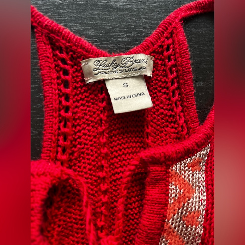 Lucky Brand Red Knit Boho Tassel Tank Top Embroidered Racerback Small Tribal - Picture 3 of 8